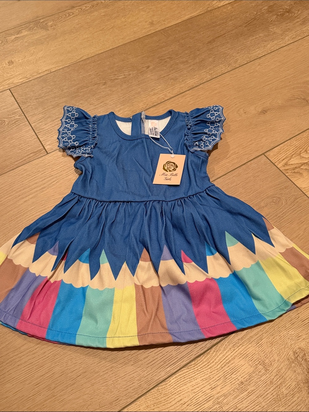 Girls Blue Flutter Sleeve Dress with Multicolor Hem